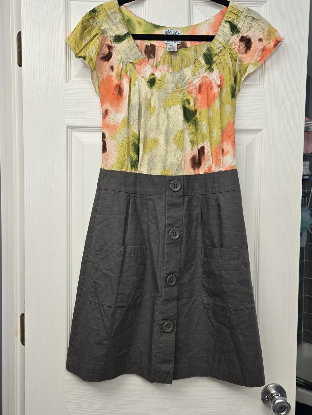 Anthropologie Tabitha Silk Floral Top Cotton Skirt Mini Dress Size 8 Charcoal